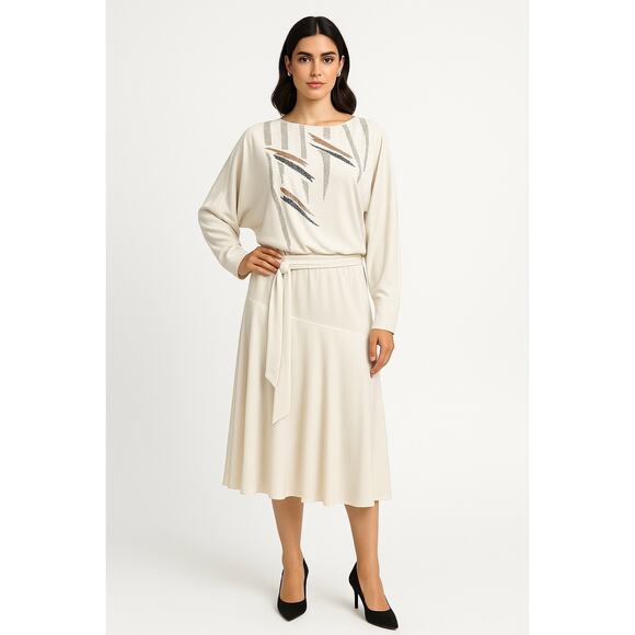 Vintage 1980s Riccardo White Batwing Dress Sequin Geometric Design medium - Picture 1 of 16